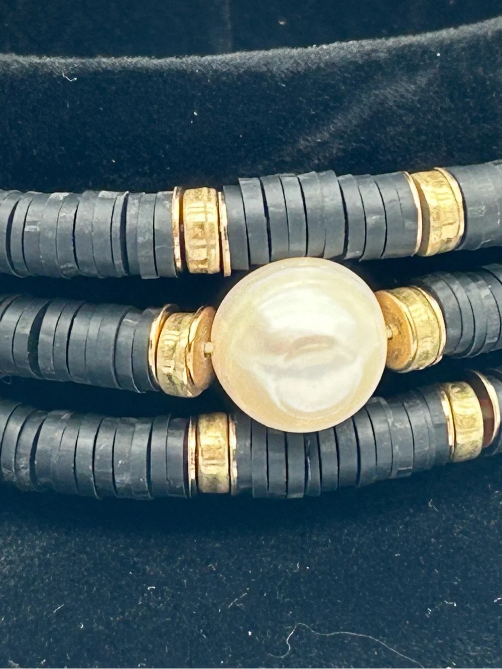 Vintage 3 Pc Rubber Heishi bead Black and Gold Pearl Stretch Bracelet